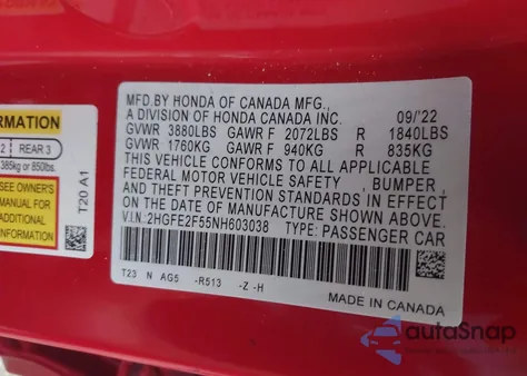 2022 Honda Civic Sport z USA, uszkodzony, nr VIN 2HGFE2F55NH603038